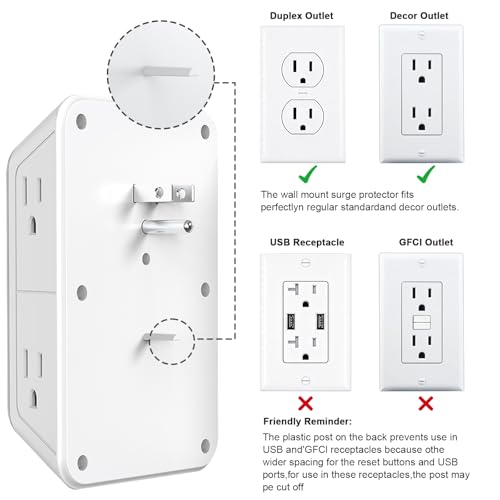 JcBlaon Surge Protector Outlet Extender 6 Outlet Extender with 4 USB Ports (PD 30W), 3 Sided 1050J Multi Plug Wall Adapter Power Strip for Home Travel Office Essentials-ETL - color: White PD30W 1PC