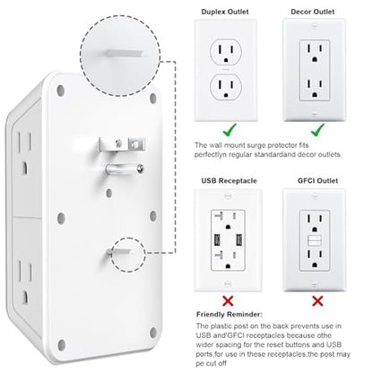 JcBlaon Surge Protector Outlet Extender 6 Outlet Extender with 4 USB Ports (PD 30W), 3 Sided 1050J Multi Plug Wall Adapter Power Strip for Home Travel Office Essentials-ETL - color: White PD30W 1PC