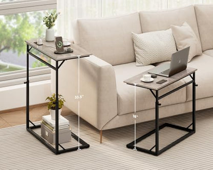 C Shaped End Table with Charging Station, C-Table End Table Adjustable Height Side Table for Couch, Large Couch Table, Slide Under Couch Table TV Tray Table for Sofa,Living Room,Bedroom, Grey - color: Greige, style: With Plug
