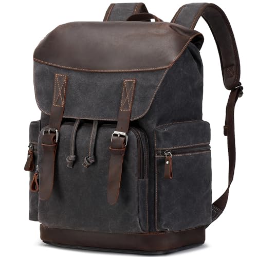 Nerlion Leather Backpack for Men Waxed Canvas Laptop Backpack 17.3 Inch Rucksack Vintage Travel Backpack (Black) - color: Black