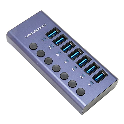 USB 3.0 Hub 7 Ports 5Gbps Fast Transfer Docking Station 5V 2.4A 36W USB 3.0 Splitter with Blue LED Indicator for PC Phone 100-240V (US Plug)