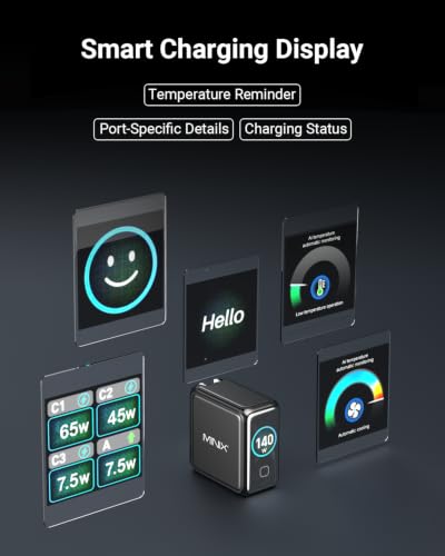 MINIX 140W Max 4-Port GaN Charging Blocks,Smart Display for MacBook Charger | PD 3.1 USB C Travel Power Adapter with 240W Cable, Touch Control for Laptop, iPad, iPhone 17, Galaxy S25/24 (US/EU/UK Plugs)