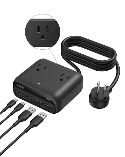 Belkin 70W GaN 7 in 1 Charging Station, 3X AC, 2X USB A, & 2X USB C Ports | Power strip, dual USB-C charger, iPhone 17/16/15, Apple Watch, iPad, MacBook, Samsung Galaxy S26, Pixel 10 - style: 70W, 3 AC Outlet