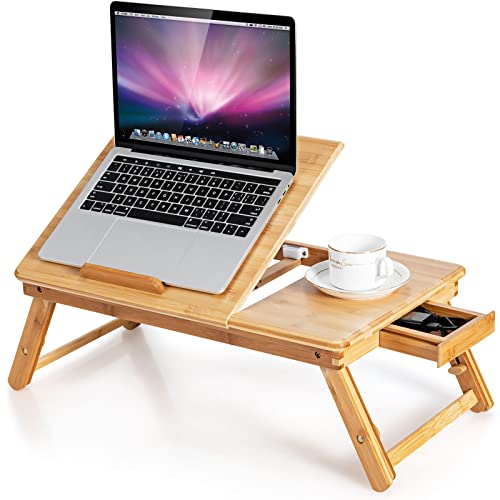 Tangkula Laptop Desk w/Heat-Dissipation Holes, Height Adjustable Bed Table | Folding Breakfast Serving Bed Tray, Tilting Top & Drawer, 100% Bamboo, Surfing Reading Writing Eating