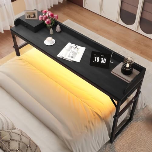 HOOBRO Overbed Table with Wheels, Rolling Table with Outlets & Light Strip for Queen Bed, Mobile Bed Desk & Drawer and Adjustable Height, Giant Computer Desk for Living Room, Black BB180UDDN01 - color: Black, size: 70.9"L x 15.3"W x 42.9"H