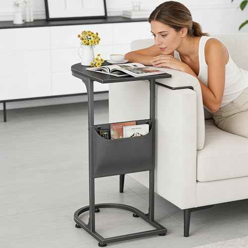 C Shaped End Table, Small Side Table for Couch, C Table that Slides Under Sofa with Storage Bag, TV Tray Table for Recliner, Living Room, Bedside, Bedroom, Small Spaces, Black - color: Classic Black
