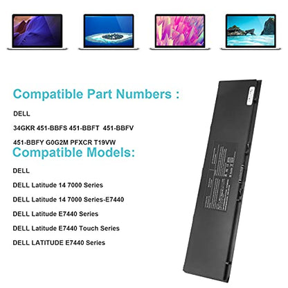 E7440 E7450 Laptop Battery for Dell Latitude 14 7000 E7440 E7450 E7420 7440 7450 PFXCR 34GKR F38HT G95J5 0G95J5 3RNFD G0G2M T19VW V8XN3 E225846 909H5 0909H5 5K1GW 451-BBFT 451-BBOG 451-BBFV 451-BBFY - size: 12.50*3.06*0.27inch E7440