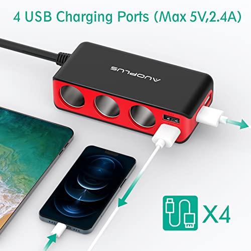 AUOPLUS 120W 3 Socket Cigarette Lighter Splitter Car Charger Adapter, LED Voltage Display Dual 4 USB Chargers(6.8A), Car Charger On/Off Switches 12V for iPhone iPad Samsung GPS Dashcam | LED Voltage Display Dual 4 USB Chargers(6.8A), Car Charger On/Off Sw