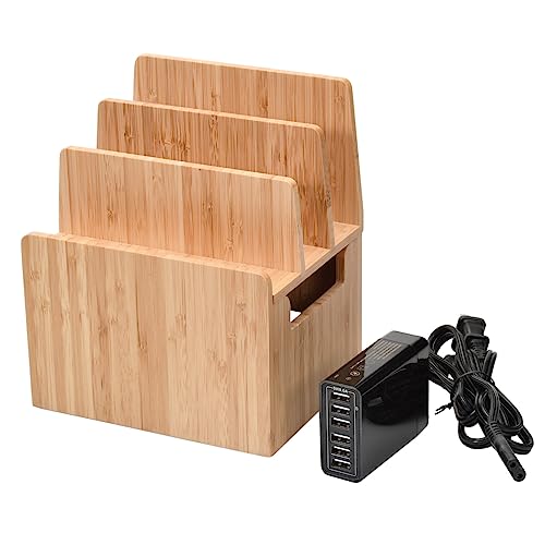 Bamboo Universal Multi Device Cord Organizer Stand and Charging Station for Smartphones, Tablets, and Laptops Includes 6-USB Port Hub Charger with Power Supply - color: Stand w/ Charging Strip Combo