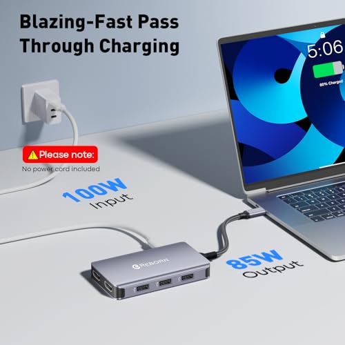 Reborn USB C Hub to Dual HDMI 4K, Docking Station Dual Monitor for Laptop, 6-in-1 USBC Dongle Adapter with 100W PD, 3 USB Ports, Portable HDMI Splitter Extended Display for Lenovo, HP, Dell, Surface