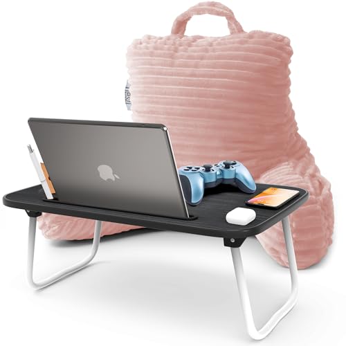 Nestl Peach Beige Reading Pillow with Bed Desk for Laptop and Writing, Luxe Cut Plush Back Pillow for Sitting Up, Back and Arms Adjustable Support for Kids and Teens, Foldable Lap Desk for Bed 19x11” - color: 11- Peach Beige, size: Small 14"