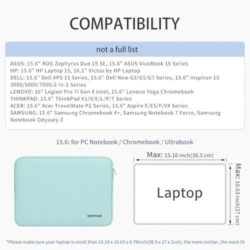 RAINYEAR 15.6 Inch Laptop Sleeve Case Compatible with 15.6 Inch Computer Chromebook PC Notebook Ultrabook, Protective Soft Padded Lightweight Laptop Carrying Bag Cover, Mint Green - color: Mint Green, size: 15.6 Inch