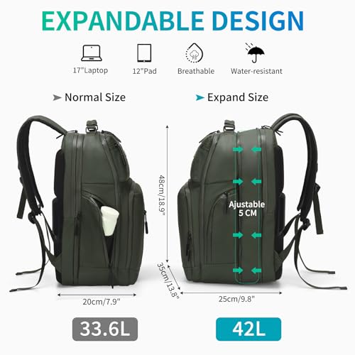 Expandable Business Backpack with 17" Laptop Compartment - Waterproof, Airline Approved, 33L-42L Capacity, for Work & Travel, Green - color: Green