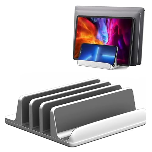 Vertical Laptop Stand [Updated Version], 3 Slot Desktop Stand Holder with Adjustable Dock, 4 in 1 Design Space-Saving Laptop Stand for Desk MacBook/Surface/Samsung/HP/Dell/Chrome Book (Silver)