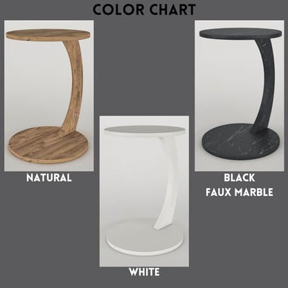 C Shaped End Table for Couch Small Places, Faux Marble Black Space Saver Round Side Table for Sofa and Bedside with Wheels, Coffee and Eating Snack Time Tray for Living Room, Office - color: Black