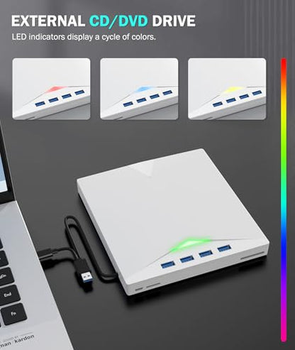 External CD/DVD Drive for Laptop PC,8 IN 1 LED CD Reader for Laptop CD Burner CD ROM DVD-/+RW Writer Reader with TF/SD Card Slots,USB 3.0 DVD Drive External,Compatible with Mac,Windows 11/10/8/7,Linux - color: White