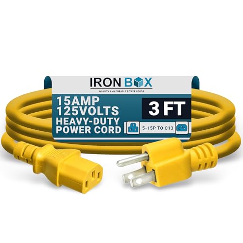 IronBox Electric - Heavy-Duty 5-15P to C13 Power Cord - 3 Prong 15A 125V 14/3 SJT PC Cable - Cord for Computer, Monitor, Subwoofer, Amplifier - Cable for Power Supply - (Yellow 3 Foot) - color: Yellow, size: 3 ft