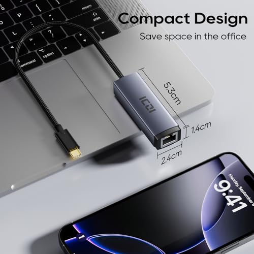 ICZI USB C to Ethernet Adapter, Plug and Play Gigabit USB C Network Adapter, Thunderbolt 4/3 to RJ45 Dongle, Aluminum Case Ethernet Adapter Compatible for MacBook Pro/Air, iPad, iPhone, XPS