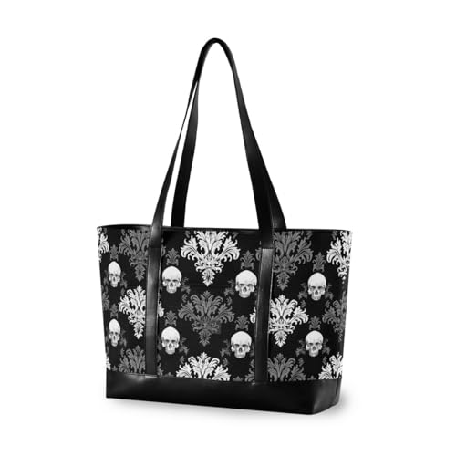Gothic Skull Laptop Tote Bag,Fits 15.6 Inch Laptop,Womens Lightweight Canvas Leather Tote Bag Shoulder Bag