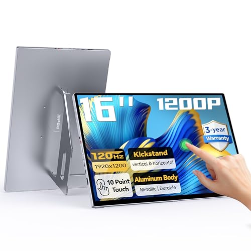 Intehill 16" 120Hz Touchscreen Portable Monitor, Portable Gaming Monitor w/Stand & Speakers, 16:10 Display with Full Laminated Tempered Glass, Touch Screen Travel Monitor for Laptop, T16PB (Silver) - color: Silver