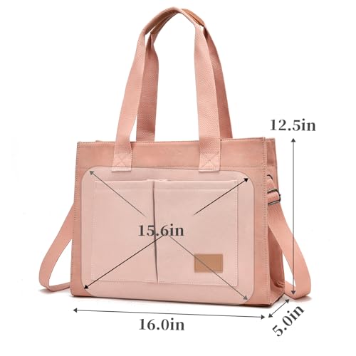 Canvas Laptop Tote Bag for Women | 15.6" Laptop Compartment - color: Pink
