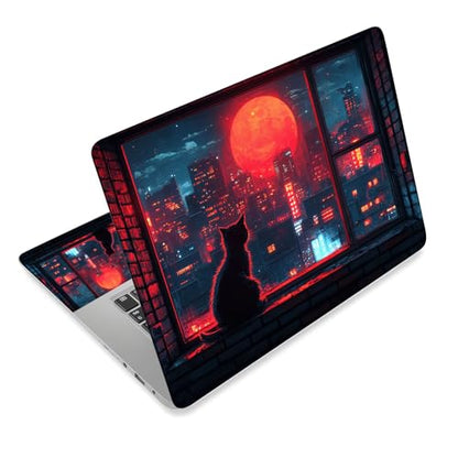 Aesthetic Laptop Skin Cover,12-15.6 Inch Universal Vinyl Sticker Decal,Waterproof Scratch-Resistant Notebook Wrap,Removable Residue-Free Protector,Red Moon City Cat - color: Red Moon City Cat