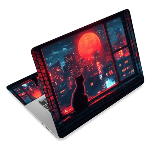 Aesthetic Laptop Skin Cover,12-15.6 Inch Universal Vinyl Sticker Decal,Waterproof Scratch-Resistant Notebook Wrap,Removable Residue-Free Protector,Red Moon City Cat - color: Red Moon City Cat