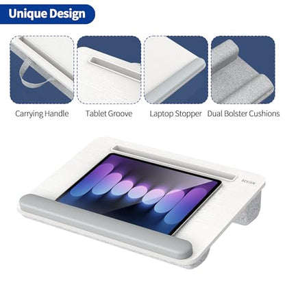 Besign LT08 Laptop Stand, Portable Lap Desk with Pillow Cushion, Fits up to 14 inch Laptop, with Anti-Slip Strip for Desk, Sofa & Bed, White and Gray - color: White and Gray