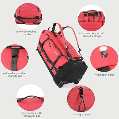 Rolling Duffle Bag with Wheels,86L 30”Carry on Luggage with Wheels,Folding Travel Bag,Duffle Backpack with Separate Shoe Compartment (Red) - color: Red