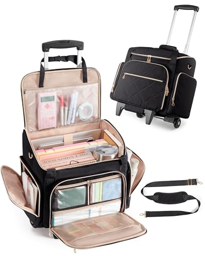 Marscamd Rolling Teacher Bag with 15.6" Laptop Compartment for Work | Multi-Slot Front Pocket, Detachable Trolley & Shoulder Straps, Water-Resistant, Women Work Briefcase Tote with Wheels (Black) - color: Black