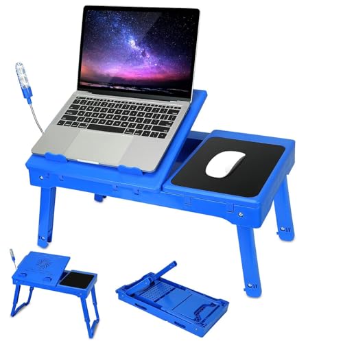 Foldable Laptop Table with Cooling Fan, LED Light, 4 x USB Ports, Mouse Pad & Storage Groove for Laptop Use in Home Office - color: Blue