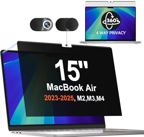 Mamol Magnetic 360° Privacy Screen for Macbook Air 15 Inch (2023-2026, M2, M3, M4, M5), Removable Anti Glare Blue Light Filter, 4 Way Anti Spy Black Protector for Mac Air 15In