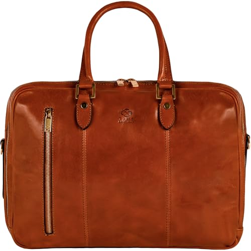 Time Resistance Leather Laptop Briefcase - Full Grain Leather Computer Bag for Men and Women | Leather - color: Cognac