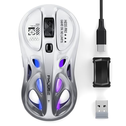 FMOUSE Wireless Mouse Gaming, Tri-Mode 2.4G & Bluetooth & Wired, White-Gray | Stylish Hollow RGB | Charge While Using | Custom Macro Programming | Efficient Office | 4800 DPI | Mac iPad Laptop | 65g