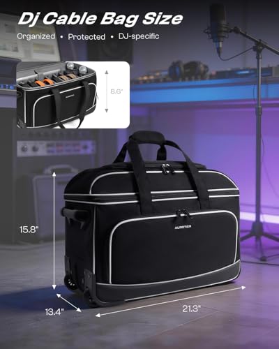 AUROTIER Large Rolling DJ Cable Bag with Wheels, Reinforced Padded Gig Bag with 8 Detachable Divider, Multi-Pocket for 17" Laptop, Microphone, Cord, Headset & Music Accessories