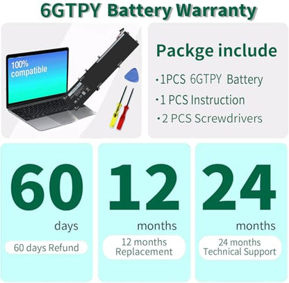 97Wh 6GTPY Battery for Dell XPS 15 9560 9570 9550 7590 Precision 5510 5520 | 5530 5540 Vostro 7500 7590 Series 4GVGH GPM03 1P6KD 5XJ28 M2X4 P56F P56F001 11.4V - size: 13*2.8*0.5inch 6GTPY