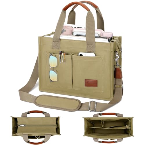KKXIU Large Canvas Tote Bag for Women with Zipper and Compartments Crossbody Work Bible Messenger Purse Bag With Pockets - color: Khaki, size: Large