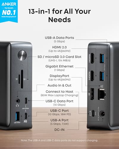 Anker Laptop Docking Station, 13-in-1 USB C Docking Station, Triple Display | 2 HDMI and 1 DP, 10Gbps USB-C and 5Gbps USB-A Data Ports, Ethernet, Audio, SD/TF, 85W Charging for Dell, HP, Lenovo and More