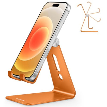 OMOTON Adjustable Cell Phone Stand, Aluminum Desktop Cellphone Stand with Anti-Slip Base and Convenient Charging Port, Fits All Smart Phones, Orange | Sturdy 3mm Aluminum, Charging Port, 270° Adjustable, Non-Slip Silicone Pads, Works with Thick Cases, for