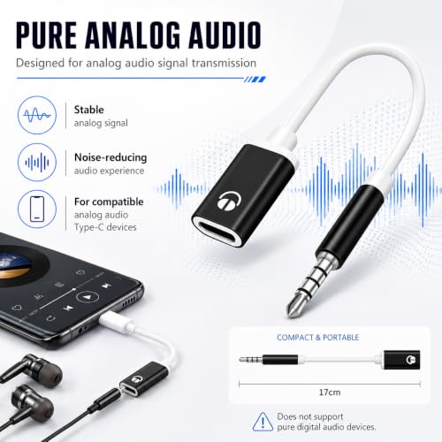 USB C to 3.5mm Analog Audio Adapter, Pure Analog Signal Headphone Converter with Noise Cancellation for Type-C Devices (Black)