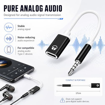 USB C to 3.5mm Analog Audio Adapter, Pure Analog Signal Headphone Converter with Noise Cancellation for Type-C Devices (Black)