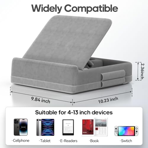 KDD Tablet Pillow Stand with Storage, Foldable iPad Holder for Bed, Lap and Desk, Angle Adjustable Soft Pad Dock with Stylus Mount Compatible with Ipad Pro 12.9, 10.5, 11, Air, Mini, Phones, Books - color: Light Grey
