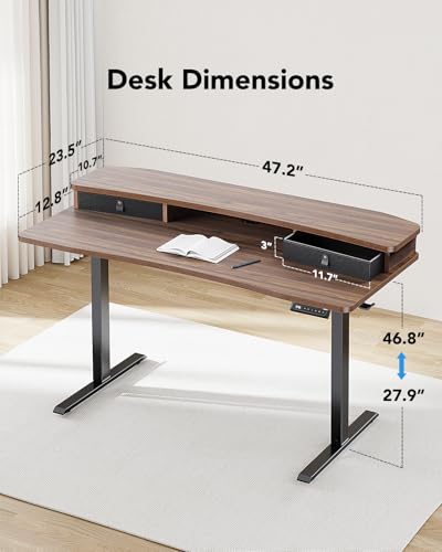 HUANUO 48″ x 24″ Electric Standing Desk with 2 Drawers, C-Clamp Mount Compatible, Height Adjustable Computer Desk, Home Office Stand Up Desk with 4 Preset Heights & 2 Hooks, Walnut - color: Walnut, size: 48" X 24"
