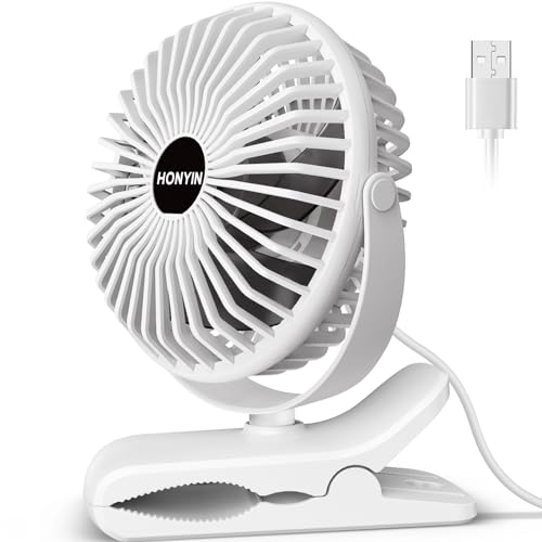HONYIN 720° Rotation Small Desk, Hang & Clip on Fan by USB Plug In | Sturdy Clamp, 3 Speeds, Quiet Little Personal Cooling Fan for Bedroom Office Desktop Treadmill - color: White