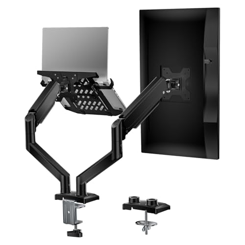 WALI Laptop Desk Mount, Dual Monitor Arm with Laptop Holder, Adjustable Height Laptop Arm Mount for Desk, Fits 17” Notebook and 32” Monitors, Up to 22Lbs (GSMP002LP), Black - color: Black (Adjustable), size: Dual