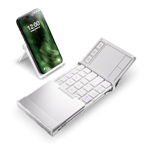 iClever BK08 Foldable Keyboard with Touchpad for Phone and Tablet, White | Multi-Touch Trackpad, Pocket-Sized, Aluminum Build, 3-Device Bluetooth Switching, USB-C Charging, for Travel and Remote Work - color: Silver White