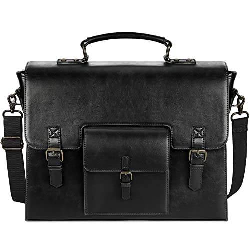 Leather Messenger Bag for Men Women 15.6 Inch Waterproof Vintage Leather Laptop Briefcase Large Satchel Shoulder Bag Office Travel College Computer Laptop Bag, Black - color: Black