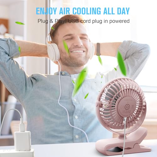 BESKAR Small Clip on Fan, 3 Speeds USB Fans with Strong Airflow, Clip & Desk Fans USB Plug in with Sturdy Clamp - Ultra Quiet operation Fan for Office Dorm Bedroom Stroller - color: Full Pink