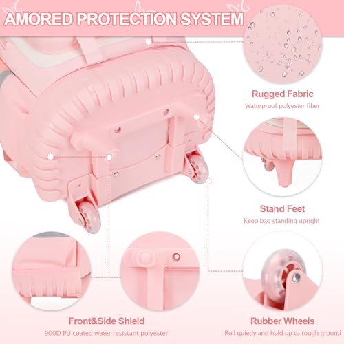 DIGOBAY Rolling Backpack for Girls, Roller Bag with Lunch Box Pencil case | Kawaii Girls Roller Backpack With Wheels School Bookbag With Cute Pins for Elementary Middle School, Pink - color: Pink