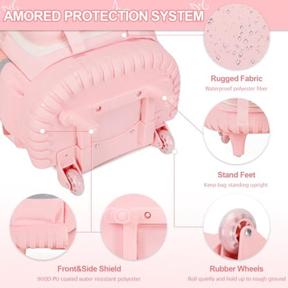 DIGOBAY Rolling Backpack for Girls, Roller Bag with Lunch Box Pencil case | Kawaii Girls Roller Backpack With Wheels School Bookbag With Cute Pins for Elementary Middle School, Pink - color: Pink